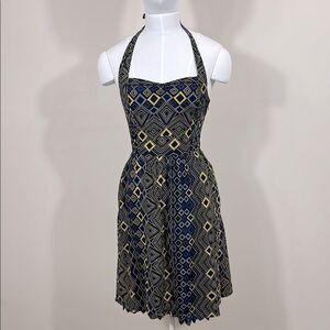 Edme & Esyllte Halter Blue Gold Smocked Lace Crochet Lined Dress Women Size 2